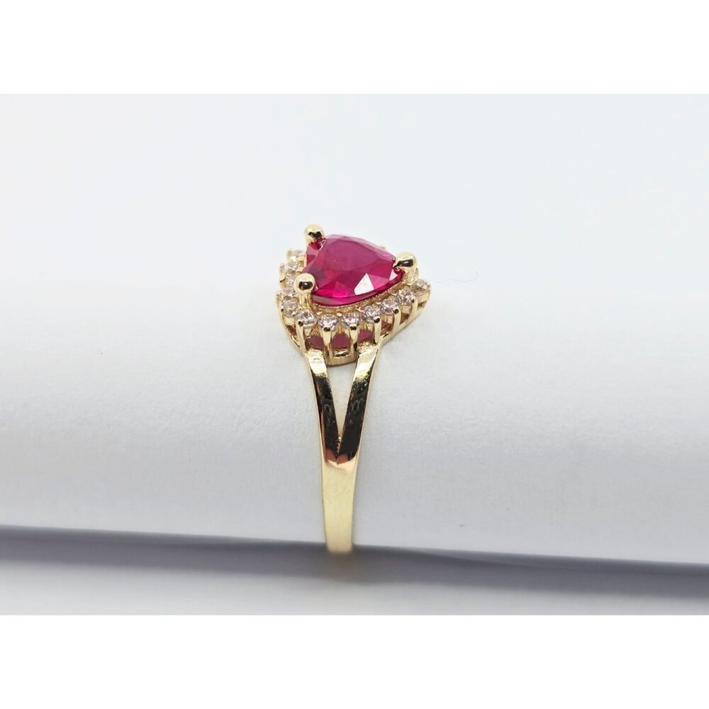 14K Solid Yellow Gold Designer Heart Shaped Synthetic Ruby & CZ Ring - Size 6.50 - Picture 8 of 14